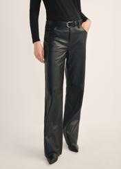 Women's black wide-leg leather trousers SPODS-0038-99(Z26), front view of the product on the model. Half of the silhouette visible.