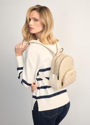 Cream women's backpack with monogram TOREC-1026-0P(W26), product view on model's back. Half of silhouette visible.