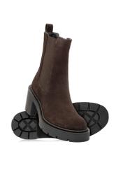 Dark brown suede women's high-heeled ankle boots BUTYD-1094-1I(Z26), diagonal product view on white background.