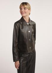 Brown women's leather short jacket KURDS-0552-2868(Z25) - front view of the product on the model. Half of the silhouette visible.