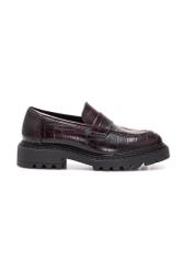 Burgundy women's croco moccasins BUTYD-1189-90(Z25), side view of the product on a white background.