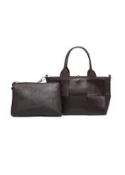 Dark brown small leather women's handbag TORES-1298-1H(W26), product view with cosmetic bag on white background.
