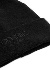 Black men's winter hat with OCHNIK CZAMT-0064A-99(Z25) logo, close-up of product detail, view on white background.
