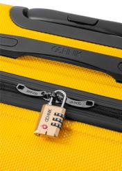 Gold TSA combination padlock AW-015-0002-28(W25), product view on suitcase on white background.