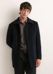 Men's navy wool coat PLAMT-0011-7D(Z26); front view of the product on a model. Half-body view.