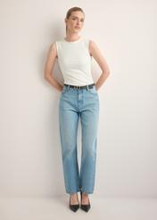 Blue women's denim pants JEADT-0016-7A(Z26), front view of the product on the model. Full body visible.