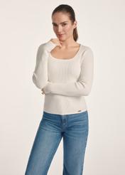 White women's long sleeve blouse LSLDT-0051-12(Z25), front view of the product on the model. Half of the silhouette visible.