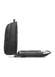 Black men's travel backpack TORMN-0376-99(Z25), side product view with open pocket on white background.