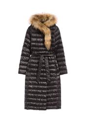 Black long women's jacket with fur KURDT-0706-99(Z26), front view of the product on a white background.
