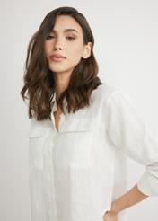 Women's white linen shirt KOSDT-0185-0B(W26), close-up of the product on the model's silhouette.