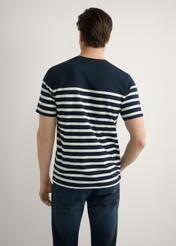 Men's navy blue striped T-shirt TSHMT-0139-7E(W26), product view from the back on the model, half of the silhouette visible.