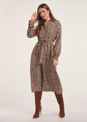 Dark beige long women's dress with spots SUKDT-0247-24(Z25), front view of the product on the model. The whole silhouette is visible.