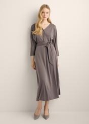 Women's graphite wrap dress SUKDT-0286-9D(Z26), front view of the product on the model. Full body visible.