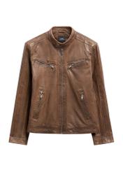 Men's leather jacket in cognac color KURMS-0397-1F(W26) - front product view, on white background.