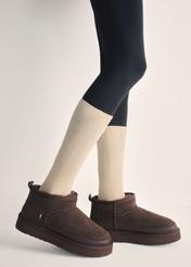 Brown women's snow boots BUTYD-1220-1I(Z26), side view of the product on the model's feet.