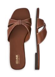 Camel leather women's flip-flops BUTYD-1227-1D(W26), product view from above on white background.