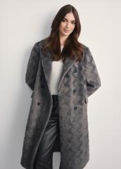 Women's gray long fur coat FUTDP-0066-96(Z25) front product view on model against white background. Half silhouette visible.
