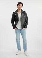 Men's vintage leather jacket KURMS-0370-1316(W25) - front view on a model on a white background. Full silhouette visible.