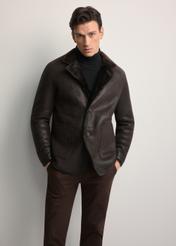 Men's brown leather sheepskin coat KOZMS-0025-3190(Z25), front view of the product on the model. Half of the silhouette visible.