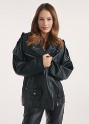 Black oversize women's leather jacket KURDS-0555-2878(Z25), front view of the product on the model, half of the silhouette visible.