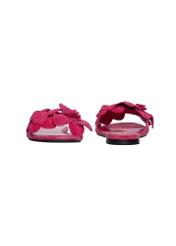 Women's fuchsia suede slides BUTYD-1237-5E(W26), front and back product view on white background.