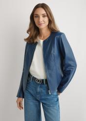 Navy blue women's leather jacket KURDS-0532-7D(W26) - front view of the product, on a model, against a light background. Half of the silhouette visible.