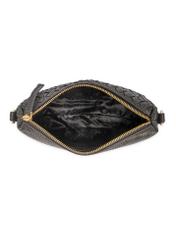 Black leather handbag with decorative weave TORES-1243-9P(W26), product view from the inside on a white background.