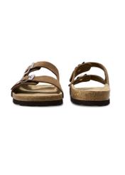 Men's leather flip-flops in camel color BUTYM-0495-1D(W26) - front and back view of the product, on a white background.