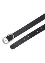 Black leather belt with decorative buckle PASDS-0354-99(Z26), top view of the product on a white background.