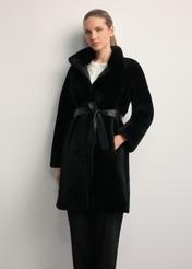 Women's black sheepskin coat with belt KOZDS-0035-5402(Z25) - front product view, on a white background. Knee-length silhouette visible.