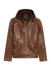 Brown men's leather jacket with hood KURMS-0385-2875(Z25), product view from the front on a white background.