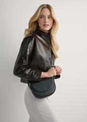 Black leather small handbag TORES-1260-99(W26) - front view of the product, on a model, on a light background.