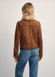 Women's cognac suede jacket KURDS-0584-1F(W26) - back view of the product, on a model, against a light background. Knee-length silhouette visible.