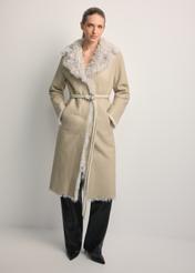 Cream double-sided women's sheepskin coat KOZDS-0091-1394(Z25), front view of the product on the model. Full body visible.