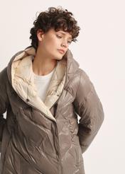 Long olive women's winter jacket KURDT-0542A-57(Z25), close-up of the product detail on the model.