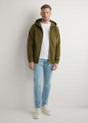 Men's Khaki Zip-Up Sweatshirt BLZMT-0078-8D(W26), front view of the product on the model. Half of the silhouette visible.