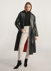 Women's black leather coat KURDS-0487-1192(Z25) - front view of the product on a model against a white background. Full body silhouette visible.