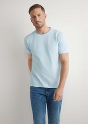 Men's light blue cotton T-shirt TSHMT-0150-7A(W26), front view of the product on the model. Half of the silhouette visible.