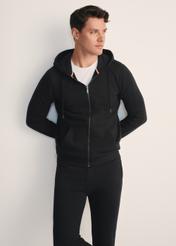 Men's black hoodie BLZMT-0074-99(Z25), front product view on model. Half of the silhouette visible.