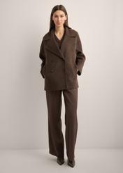 Women's long brown wool coat PLADT-0070-1K(Z26) - front view of the product, on a model, against a light background. Full body visible.