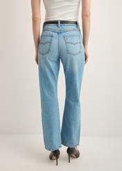 Blue women's denim pants JEADT-0016-7A(Z26), product view from the back on the model. Half of the silhouette visible.