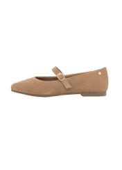 Beige suede ballet flats with belt BUTYD-1145-1B(Z26), side view of the product on a light background.