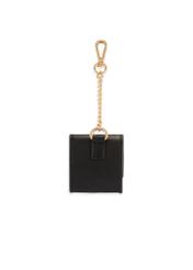 Black leather keychain in the shape of a bag BRELOK-0221-99(Z25), product view from the back on a white background.