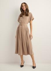 Modal midi shirt dress SUKDT-0283-1D(W26), front view of the product on the model. Full body visible.