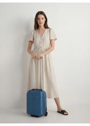 Cabin suitcase on wheels WALAB-0040-7H-16(W26), product view diagonally next to the model, the entire silhouette is visible.