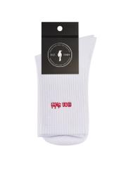 Women's white long socks SKADT-0079-0B(W26), product view with packaging on white background.