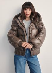 Women's short brown jacket KURDT-0608-82(Z25), front view of the product on the model. Half of the silhouette visible.