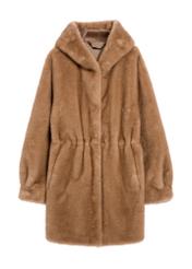 Beige women's fur coat with hood FUTDP-0062-81(Z25), front product view on white background.