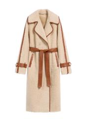Beige women's fur coat with wool FUTDP-0035-80(Z 25) - front view of the product on a white background.