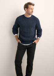 Dark navy blue cotton men's sweater SWEMT-0196-7E(Z26), front view of the product on the model. Half of the silhouette visible.